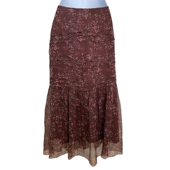 Vintage Y2k Boho Fairy Sheer Brown Silk Abstract Dots Tiered Midi Skirt Size S - Picture 3 of 6